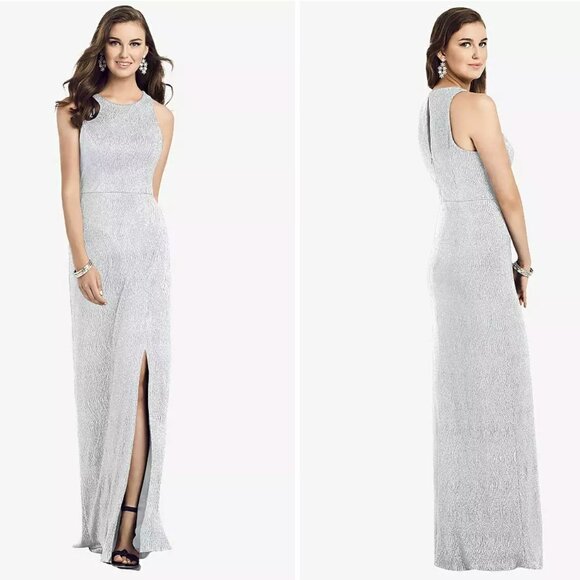 Dessy‎ Collection Sleeveless Scoop Neck Metallic Trumpet Gown in Silver Sz 8 NWT - Picture 1 of 10